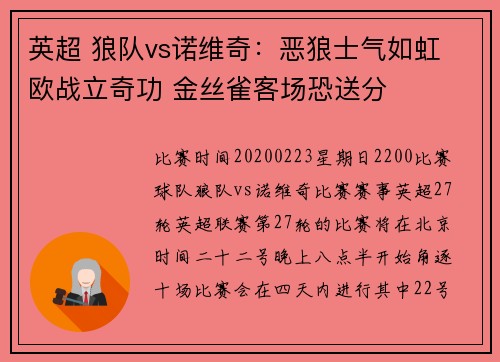 英超 狼队vs诺维奇：恶狼士气如虹 欧战立奇功 金丝雀客场恐送分