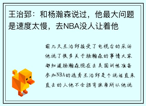 王治郅：和杨瀚森说过，他最大问题是速度太慢，去NBA没人让着他